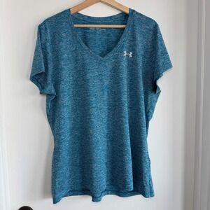 Under Armour Heatgear V Neck T Shirt Blue Heathered Athletic Workout Women's‎ XL